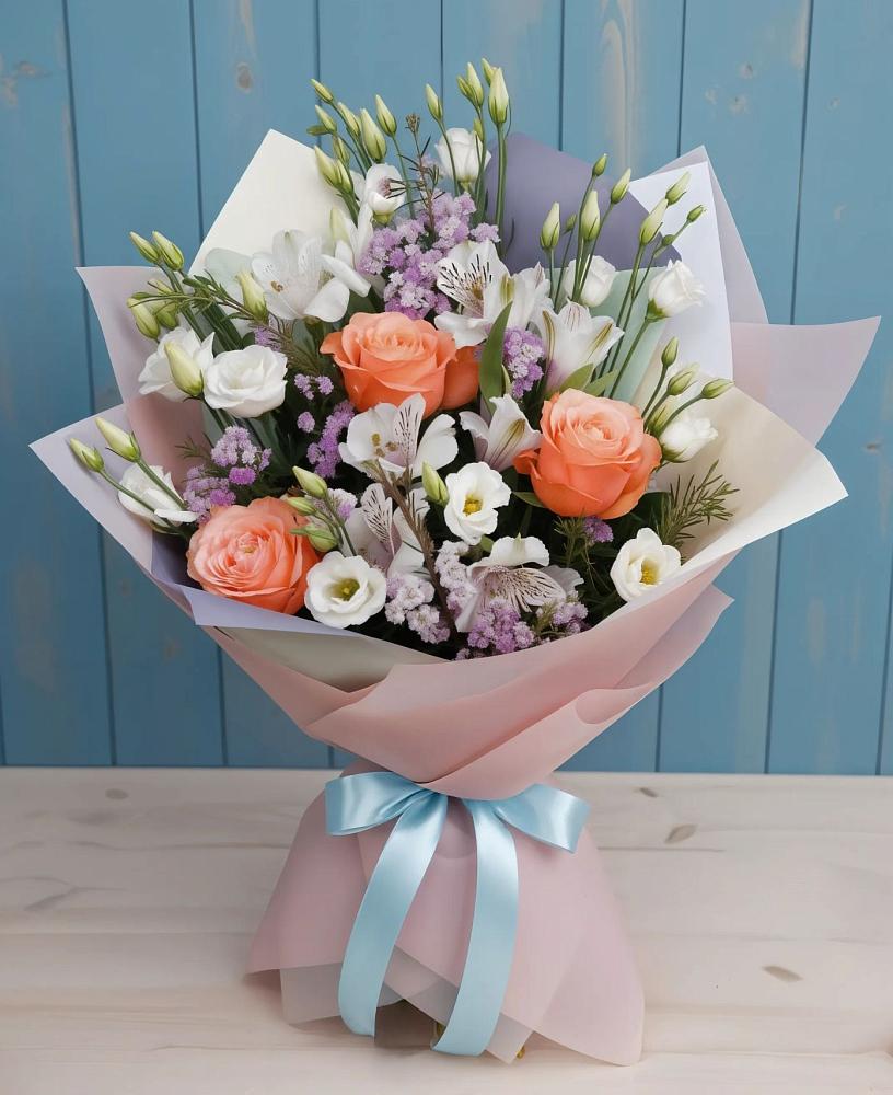 Букет цветов из: Лизиантусы, Розы, Альстромерии и Гипсофила в Красноярском