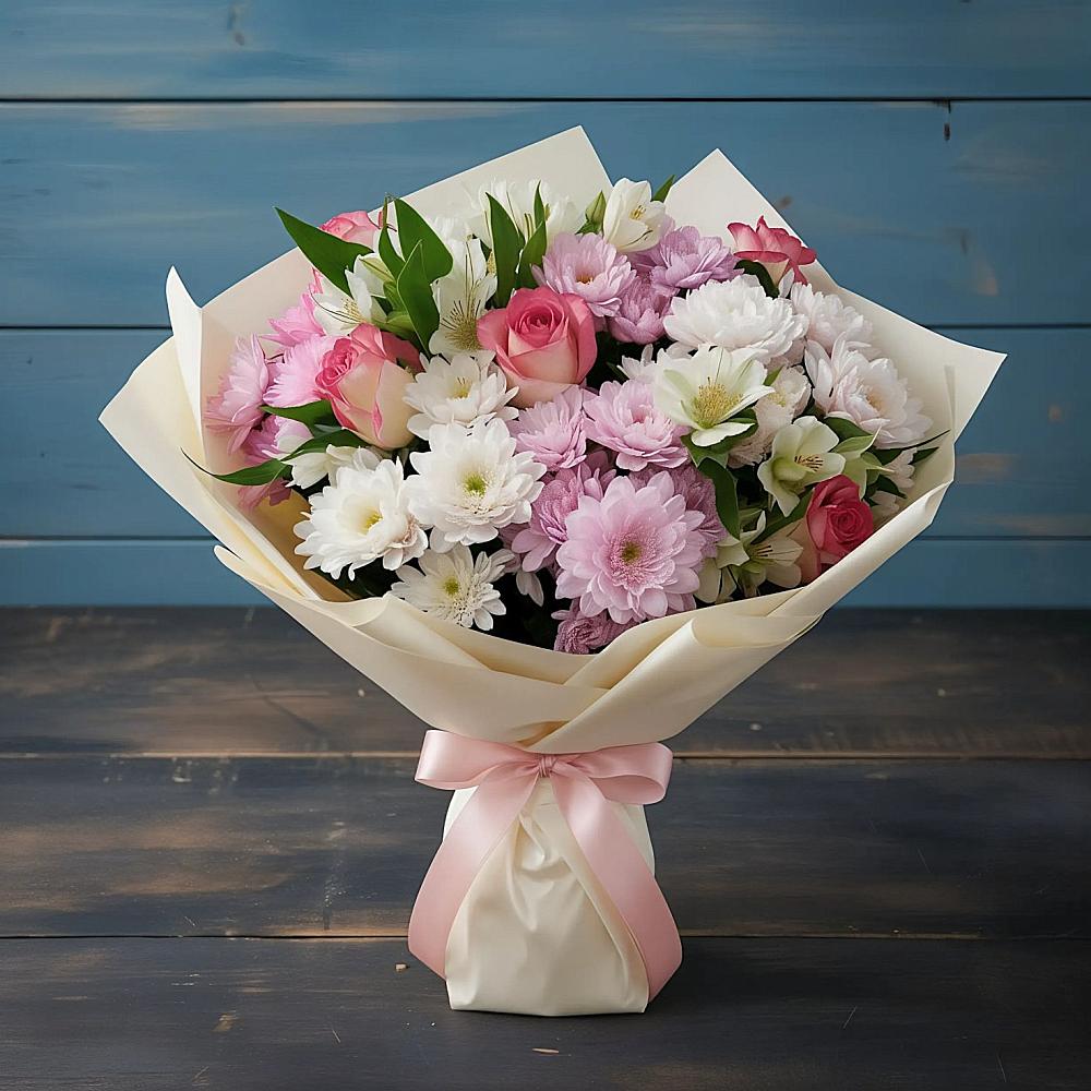 Букет цветов из: Хризантемы, Альстромерии и Розы в Красноярском